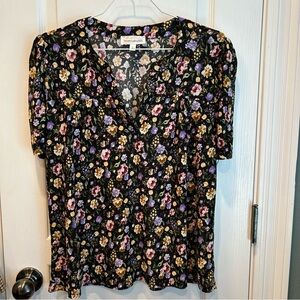 Modern Attraction Women’s Black Floral Short Sleeve Split Neck Blouse Top Size L